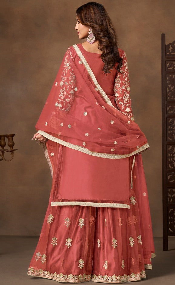 Divine Peach Color Net Fabric Plazzo Suit