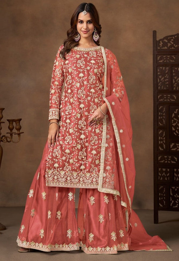 Divine Peach Color Net Fabric Plazzo Suit