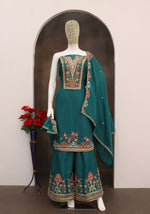 Tasteful Teal Color Chinon Fabric Plazzo Suit