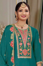 Tasteful Teal Color Chinon Fabric Plazzo Suit