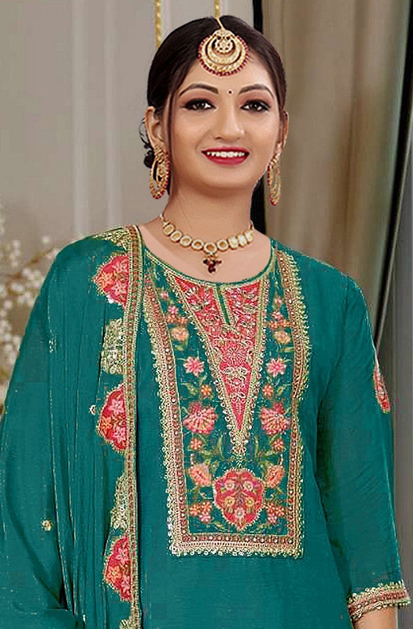 Tasteful Teal Color Chinon Fabric Plazzo Suit