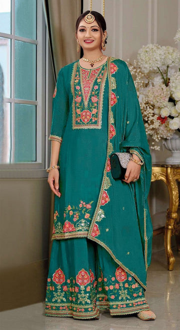 Tasteful Teal Color Chinon Fabric Plazzo Suit