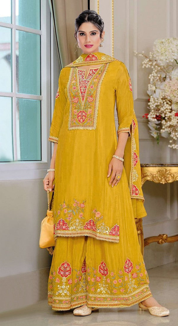Tasteful Yellow Color Chinon Fabric Plazzo Suit