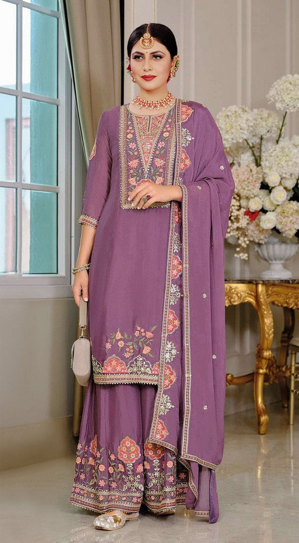 Tasteful Purple Color Chinon Fabric Plazzo Suit