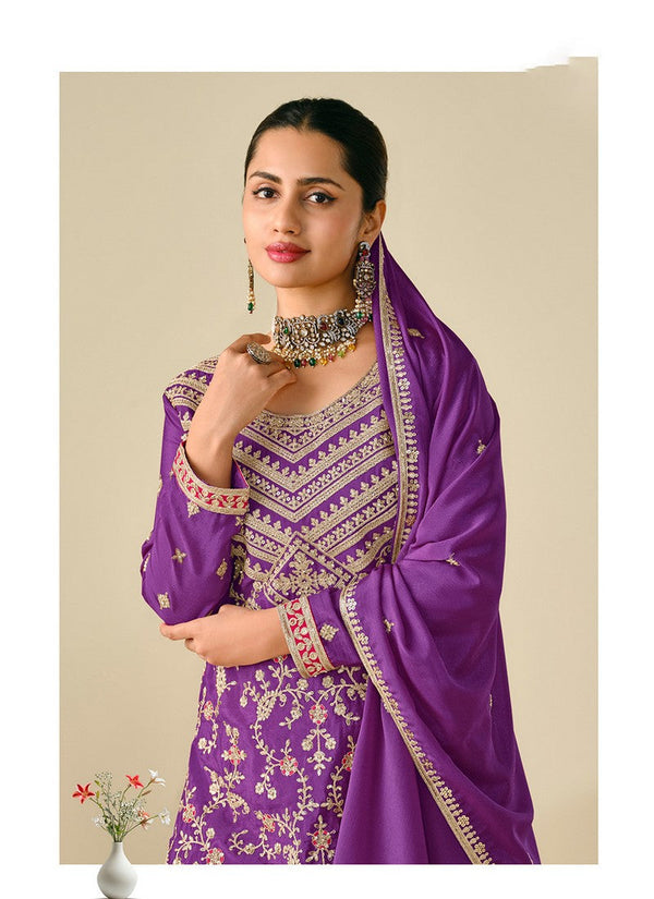 Lovely Purple Color Chinon Fabric Plazzo Suit