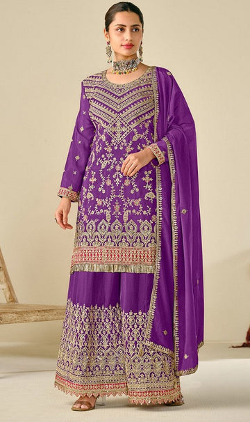 Lovely Purple Color Chinon Fabric Plazzo Suit
