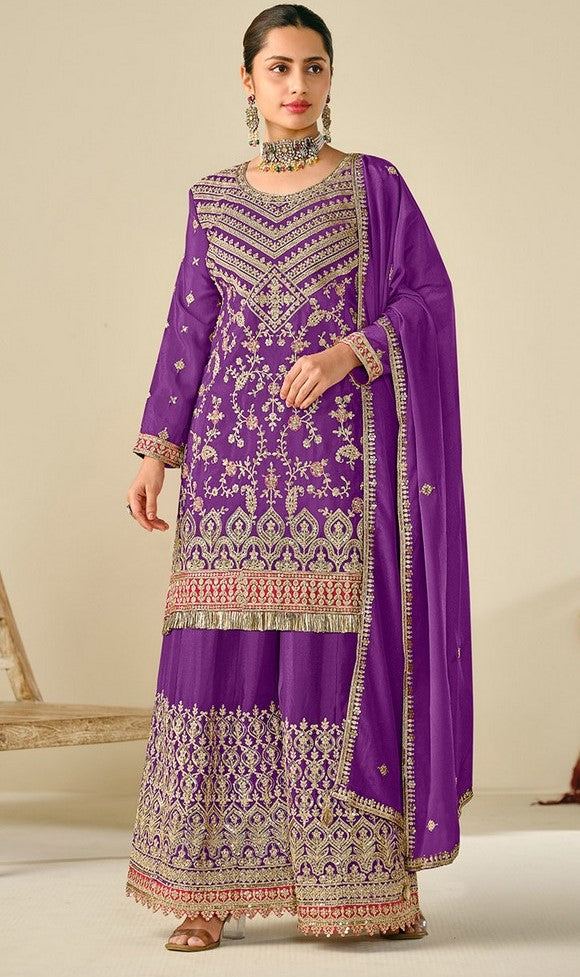 Lovely Purple Color Chinon Fabric Plazzo Suit