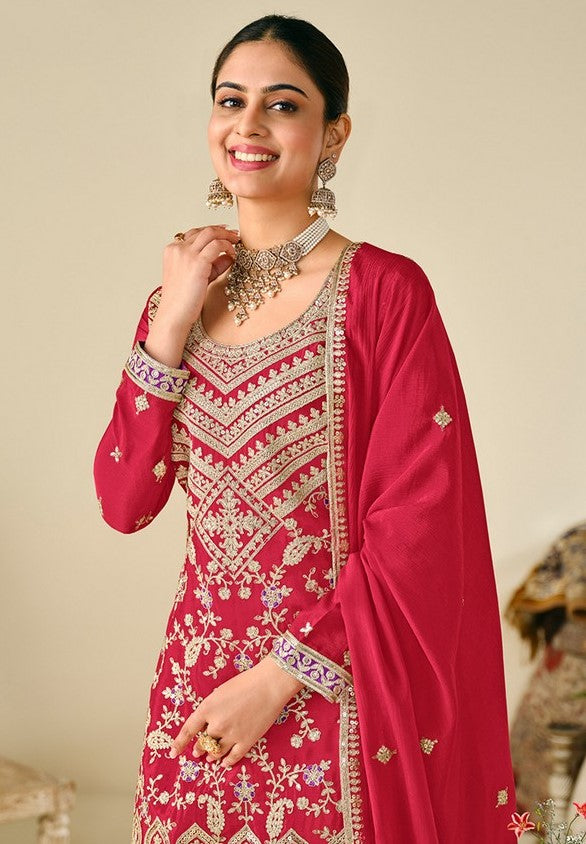 Lovely Pink Color Chinon Fabric Plazzo Suit