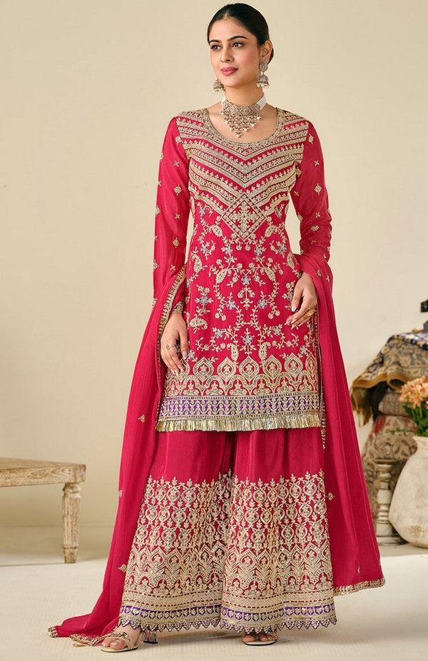 Lovely Pink Color Chinon Fabric Plazzo Suit