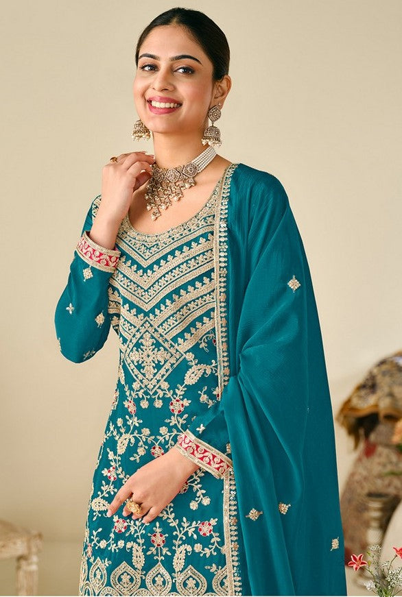 Lovely Teal Color Chinon Fabric Plazzo Suit