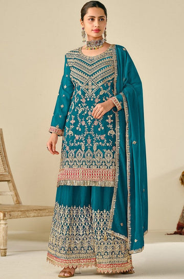 Lovely Teal Color Chinon Fabric Plazzo Suit