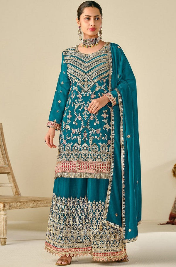 Lovely Teal Color Chinon Fabric Plazzo Suit