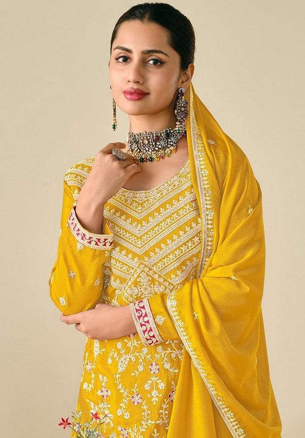 Lovely Yellow Color Chinon Fabric Plazzo Suit