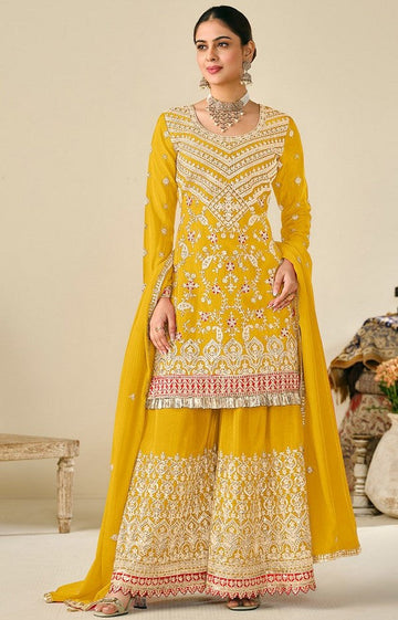Lovely Yellow Color Chinon Fabric Plazzo Suit