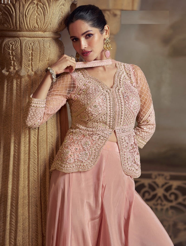 Lovely Peach Color Net Fabric Plazzo Suit