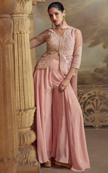 Lovely Peach Color Net Fabric Plazzo Suit