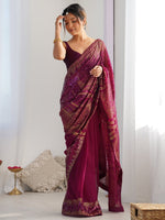 Amazing Wine Color Georgette Fabric Partywear Saree