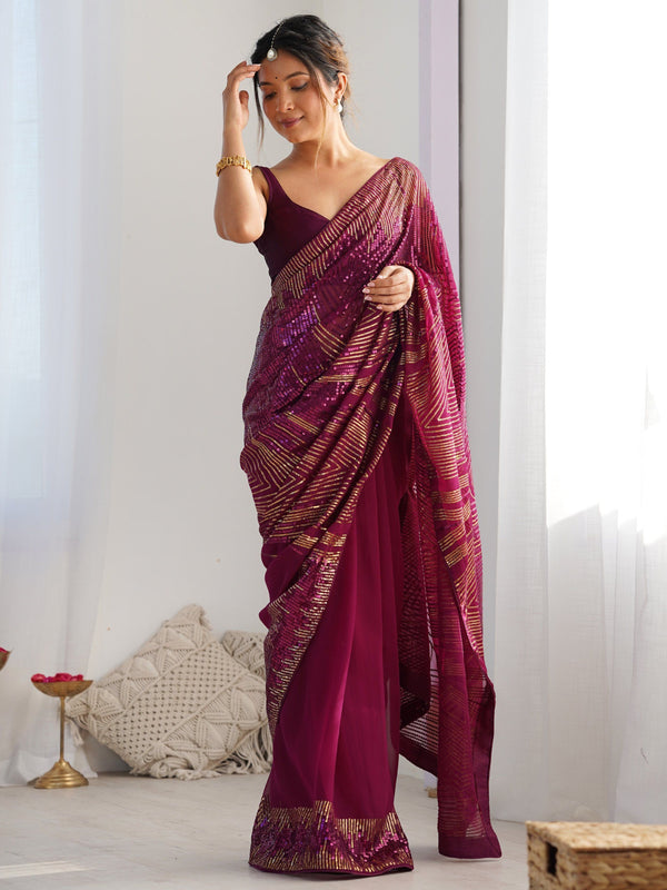 Amazing Wine Color Georgette Fabric Partywear Saree