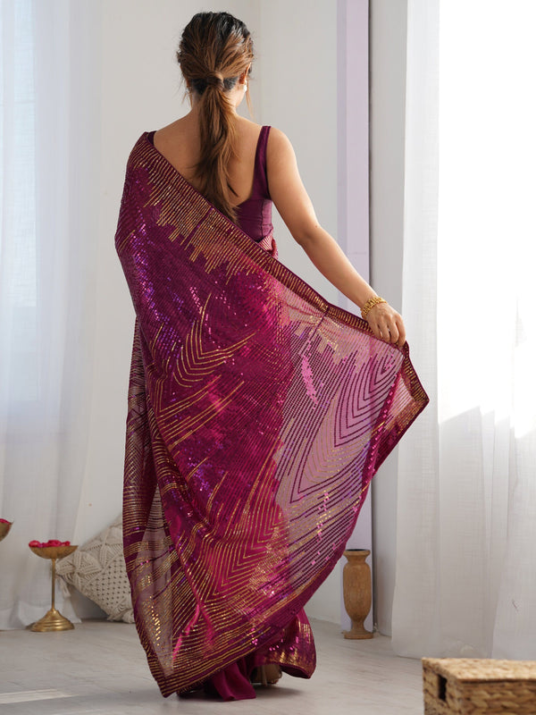 Amazing Wine Color Georgette Fabric Partywear Saree