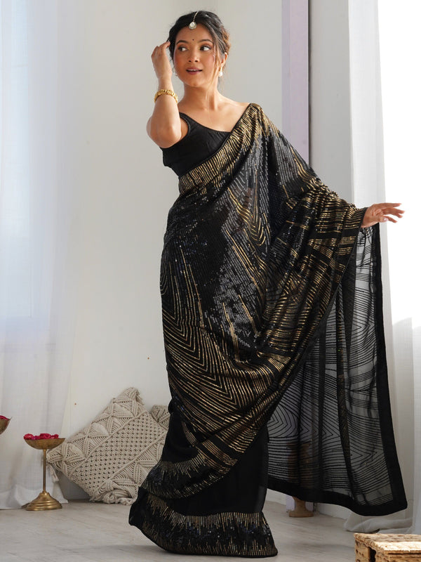 Amazing Black Color Georgette Fabric Partywear Saree