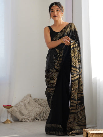 Amazing Black Color Georgette Fabric Partywear Saree