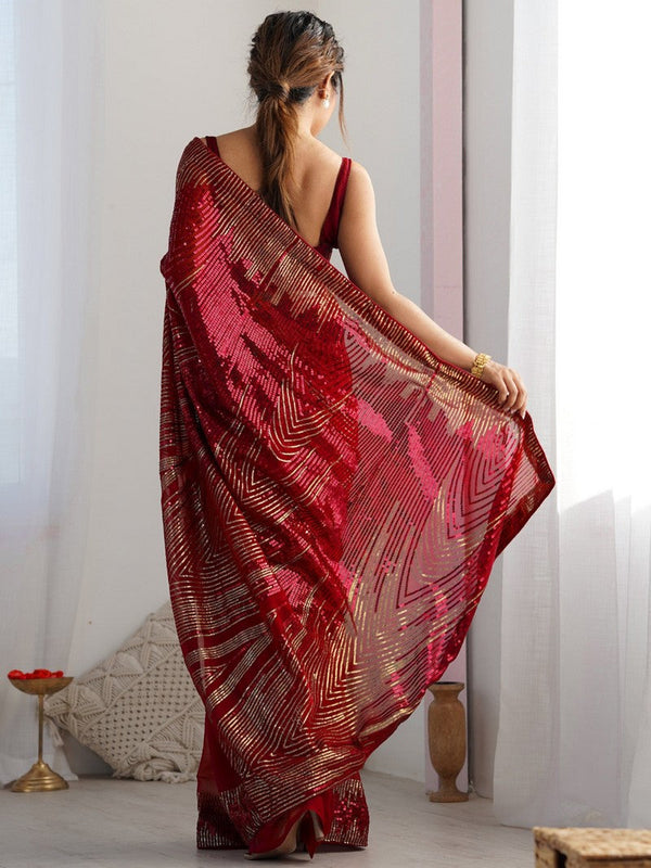 Amazing Red Color Georgette Fabric Partywear Saree