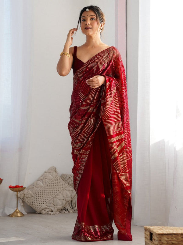 Amazing Red Color Georgette Fabric Partywear Saree