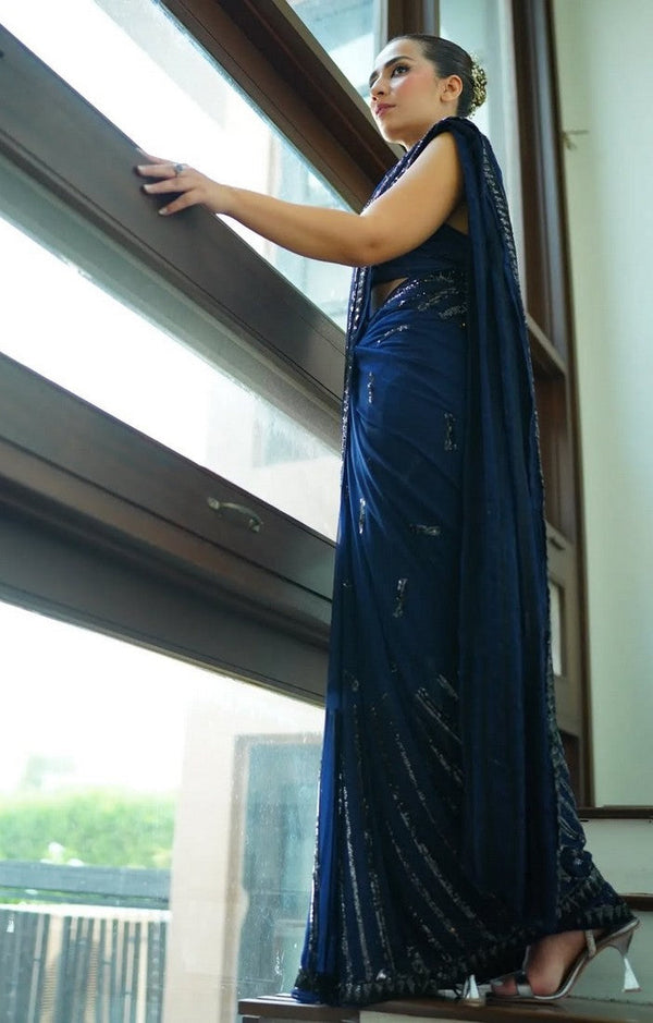 Amazing Blue Color Georgette Fabric Partywear Saree