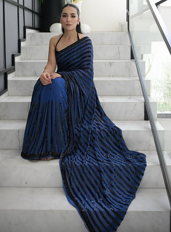 Amazing Blue Color Georgette Fabric Partywear Saree