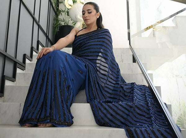 Amazing Blue Color Georgette Fabric Partywear Saree