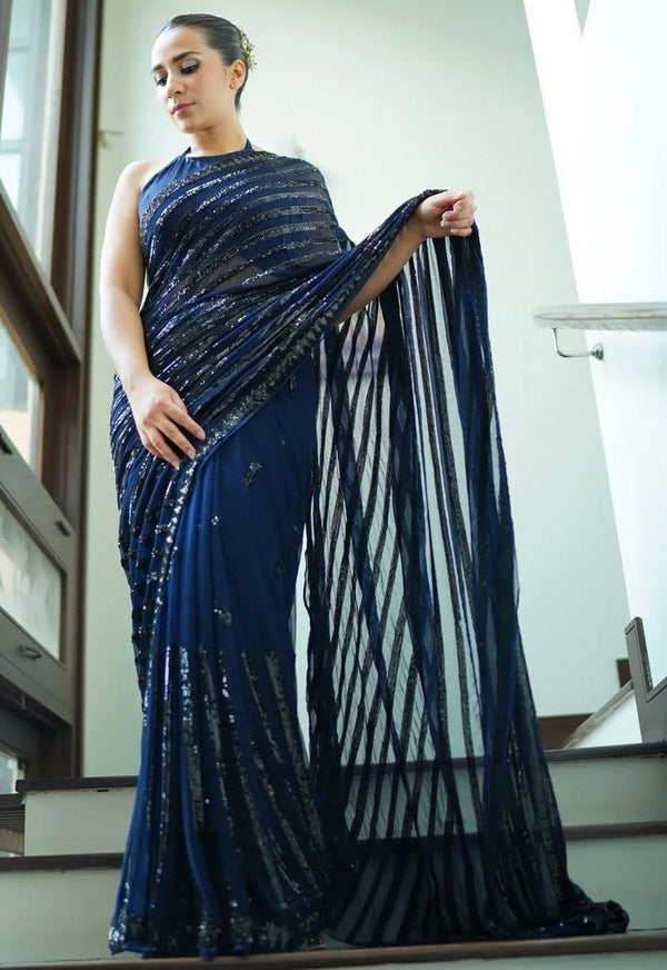 Amazing Blue Color Georgette Fabric Partywear Saree