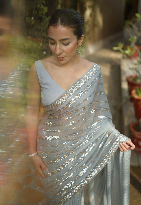 Amazing Grey Color Georgette Fabric Partywear Saree