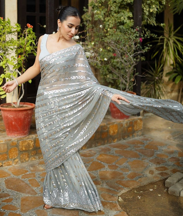 Amazing Grey Color Georgette Fabric Partywear Saree