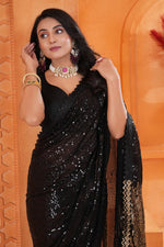Amazing Black Color Georgette Fabric Partywear Saree