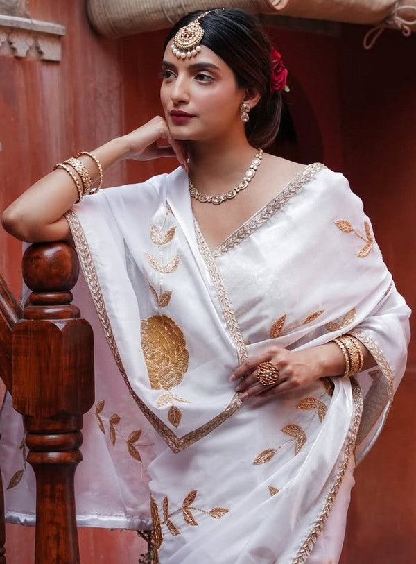 Amazing White Color Silk Fabric Partywear Saree