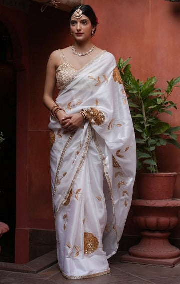 Amazing White Color Silk Fabric Partywear Saree