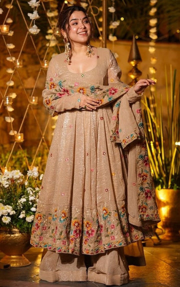 Lovely Beige Color Silk Fabric Plazzo Suit