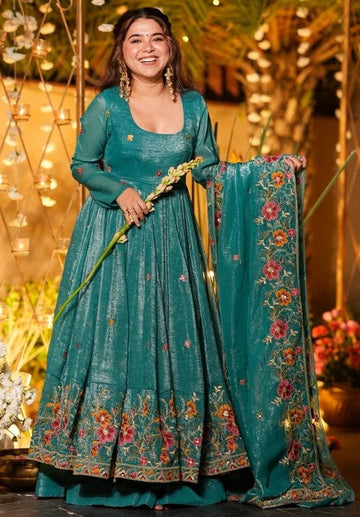 Lovely Teal Color Silk Fabric Plazzo Suit