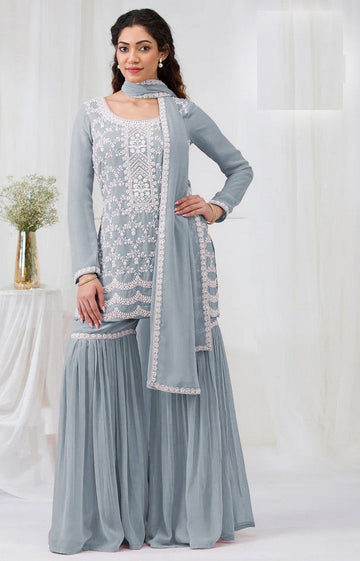 Divine Grey Color Georgette Fabric Plazzo Suit