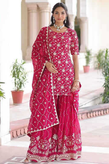 Ideal Pink Color Georgette Fabric Plazzo Suit