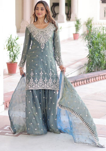 Ideal Aqua Color Silk Fabric Plazzo Suit