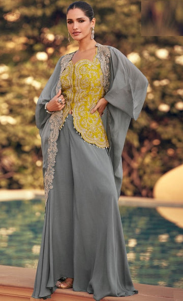 Amazing Yellow Color Chinon Fabric Plazzo Suit