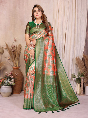 Graceful Orange Color Banarasi Fabric Partywear Saree