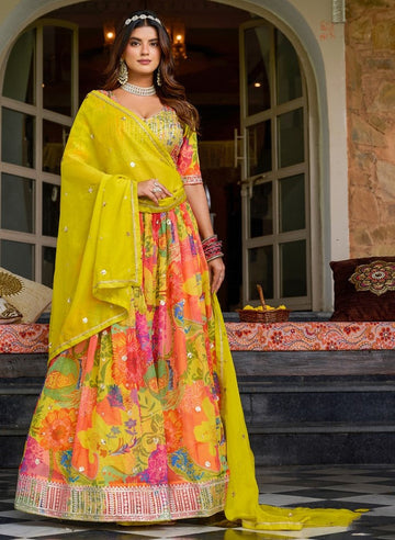 Ideal Yellow Color Organza Fabric Party Wear Lehenga