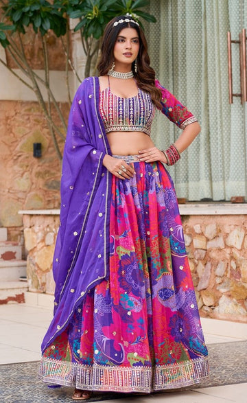Ideal Purple Color Organza Fabric Party Wear Lehenga