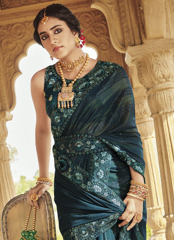 Grand Teal Color Fancy Fabric Partywear Saree