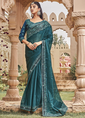 Elegant Teal Color Shimmer Fabric Designer Saree
