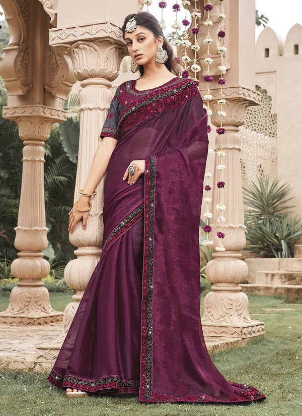 Elegant Wine Color Shimmer Fabric Designer Saree