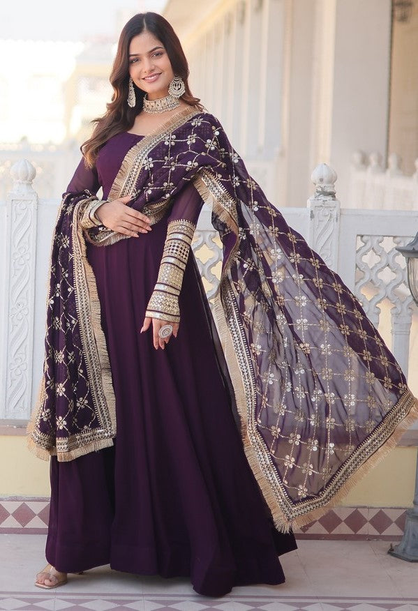 Superb Wine Color Georgette Fabric Gown