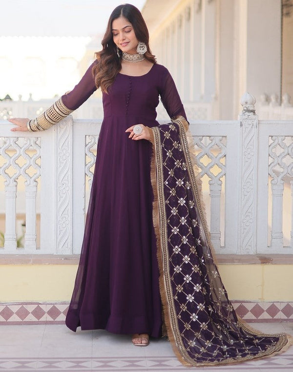 Superb Wine Color Georgette Fabric Gown